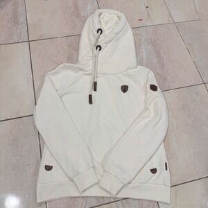 Wanakome Women's XL Cream Pullover Hoodie Cowl Neck Leather Patch Sweatshirt